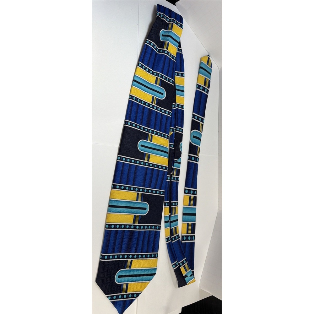Vintage Fratello 90's Handmade Men's Tie Blue Yellow Geometric Abstract Necktie